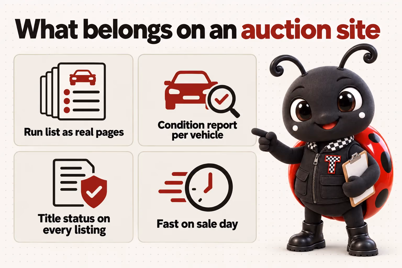 What belongs on an auction site: Run list as real pages; Condition report per vehicle; Title status on every listing; Fast on sale day.
