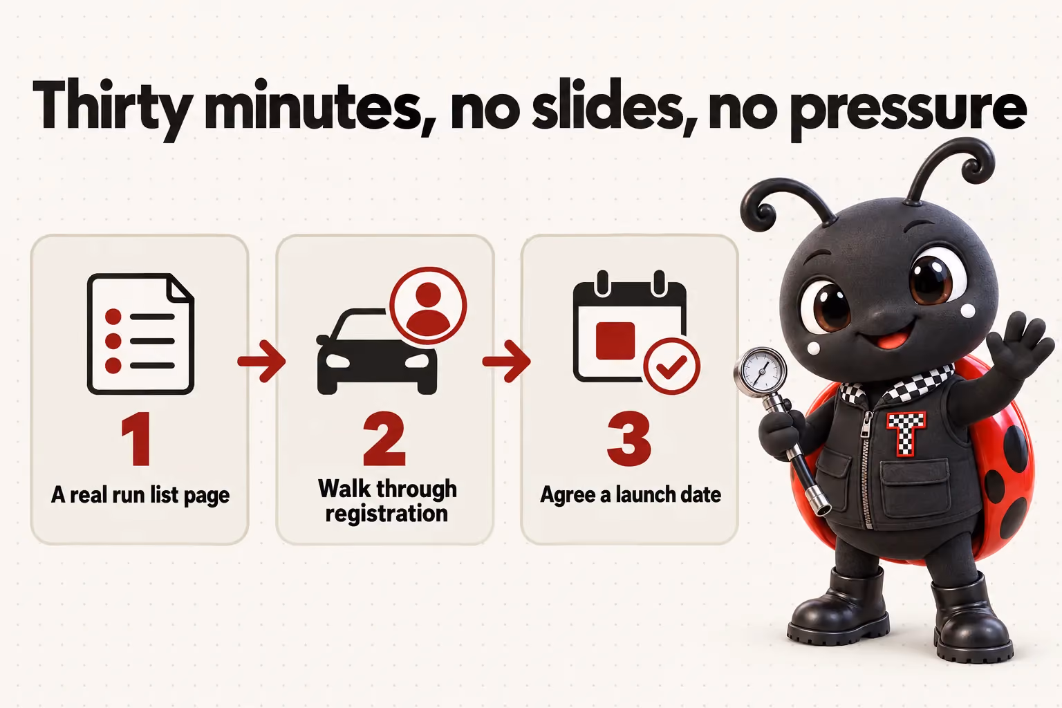 Thirty minutes, no slides, no pressure: A real run list page; Walk through registration; Agree a launch date.