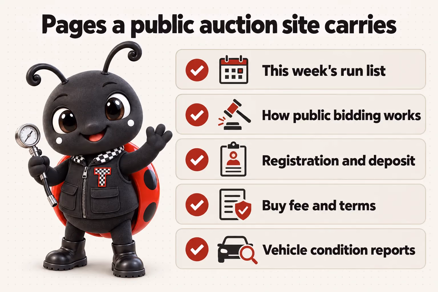 Pages a public auction site carries: This week's run list; How public bidding works; Registration and deposit; Buy fee and terms; Vehicle condition reports.