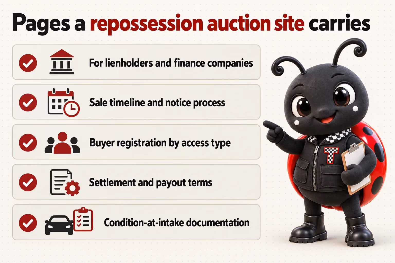 Pages a repossession auction site carries: For lienholders and finance companies; Sale timeline and notice process; Buyer registration by access type; Settlement and payout terms; Condition-at-intake documentation.