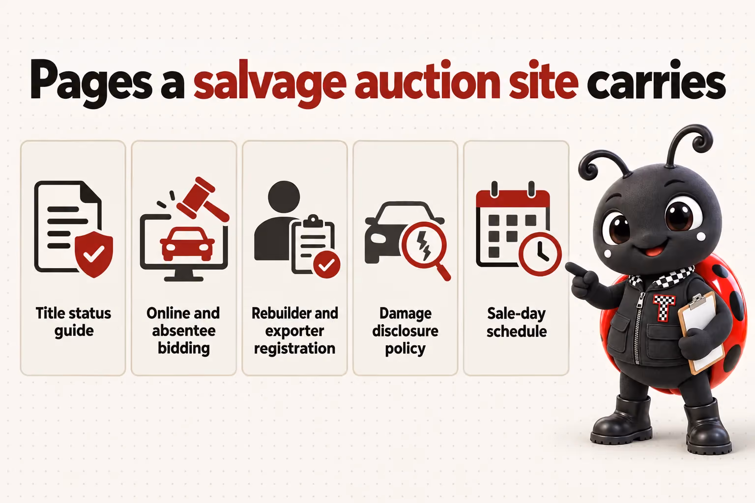 Pages a salvage auction site carries: Title status guide; Online and absentee bidding; Rebuilder and exporter registration; Damage disclosure policy; Sale-day schedule.