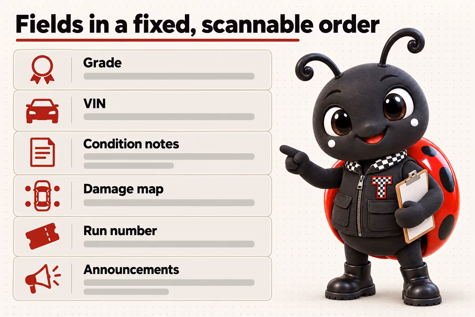 Fields in a fixed, scannable order: Grade; VIN; Condition notes; Damage map; Run number; Announcements.