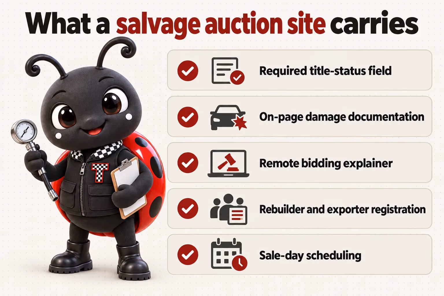 What a salvage auction site carries: Required title-status field; On-page damage documentation; Remote bidding explainer; Rebuilder and exporter registration; Sale-day scheduling.
