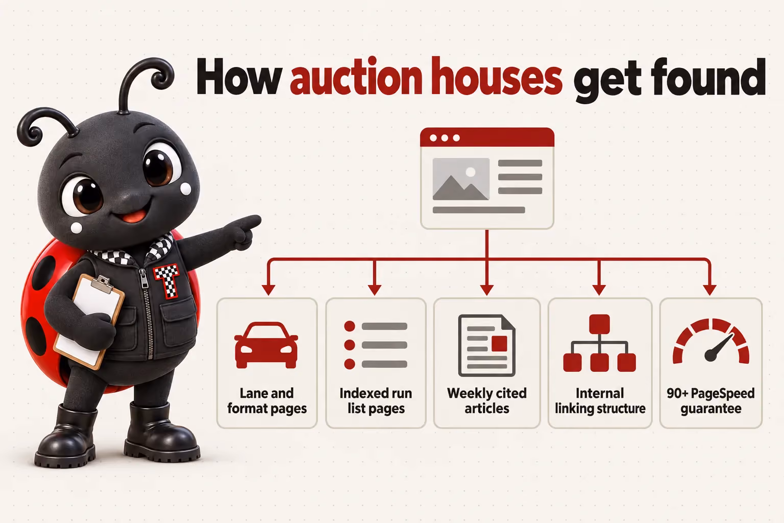 How auction houses get found: Lane and format pages; Indexed run list pages; Weekly cited articles; Internal linking structure; 90+ PageSpeed guarantee.