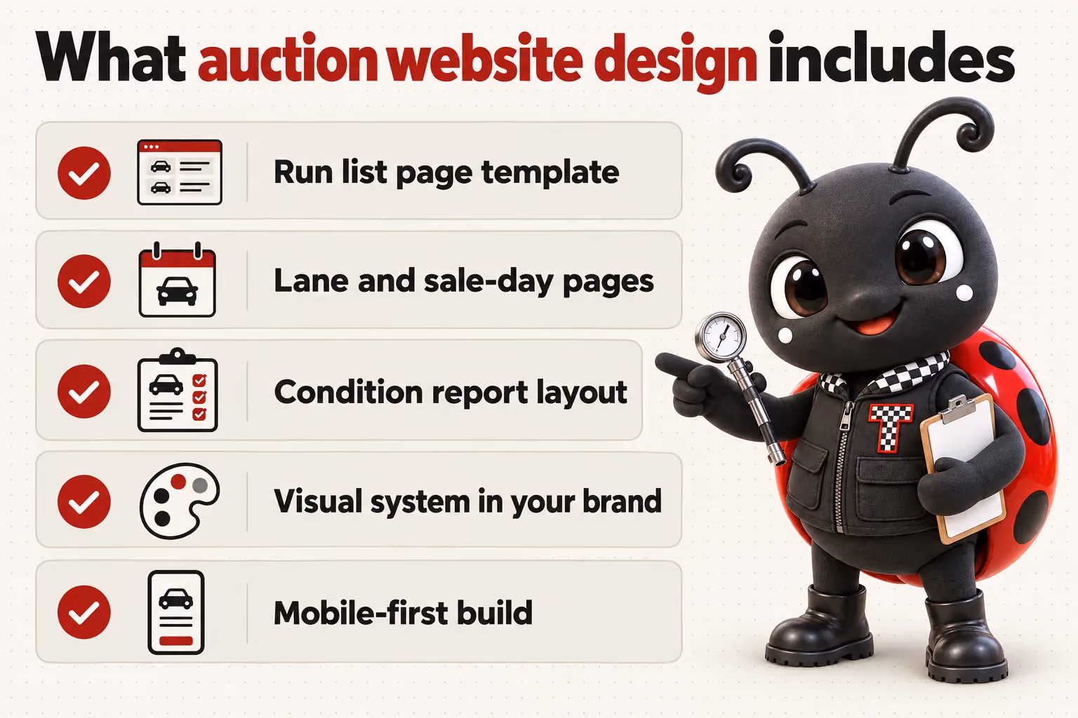 What auction website design includes: Run list page template; Lane and sale-day pages; Condition report layout; Visual system in your brand; Mobile-first build.