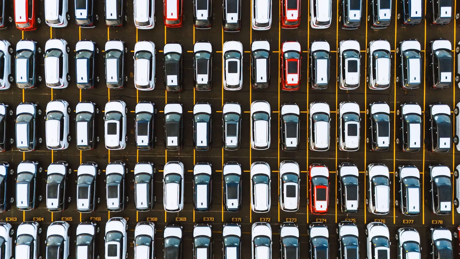 Aerial view of cars parked in long symmetrical rows on a large lot