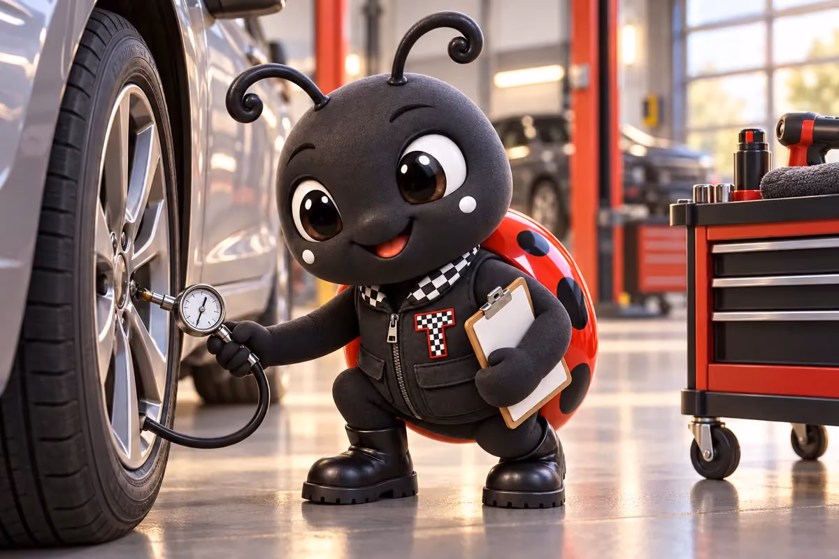 Meet Tread, the GetCarAuctionSites ladybug mascot, checking a tyre with a pressure gauge in an inspection bay