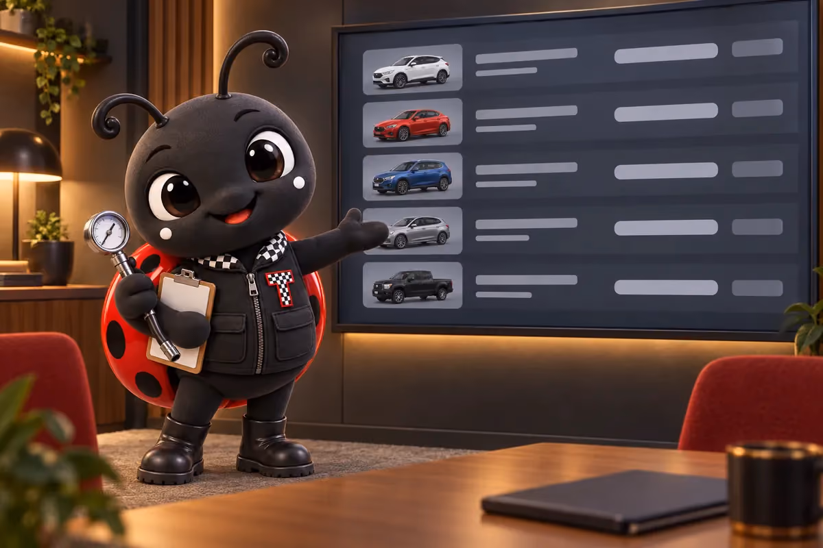 Tread the ladybug inspector presenting a run list of vehicles on a large screen in a meeting room