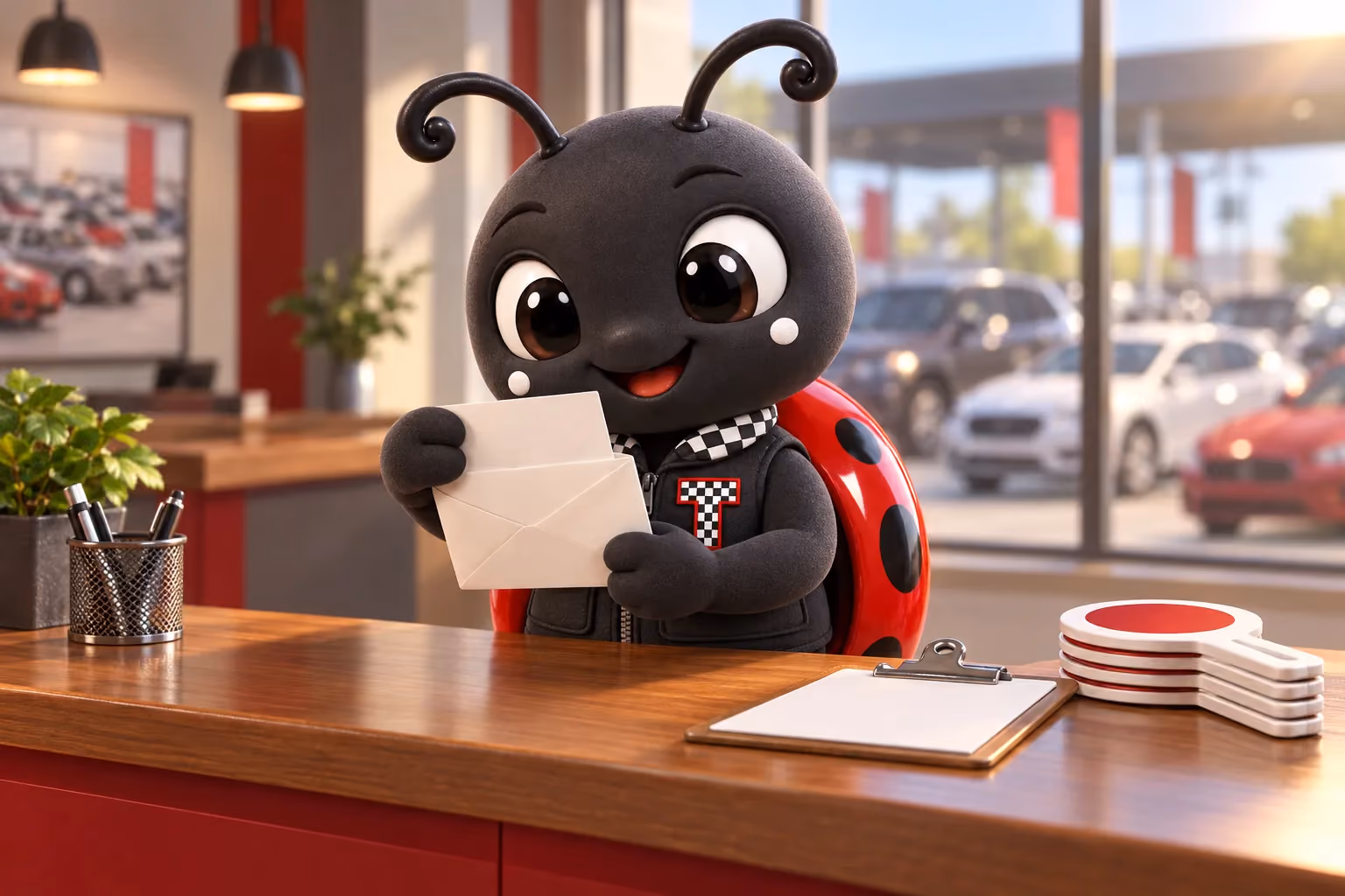 Tread, the GetCarAuctionSites ladybug mascot, reading a newly opened message at an auction house registration counter in the morning