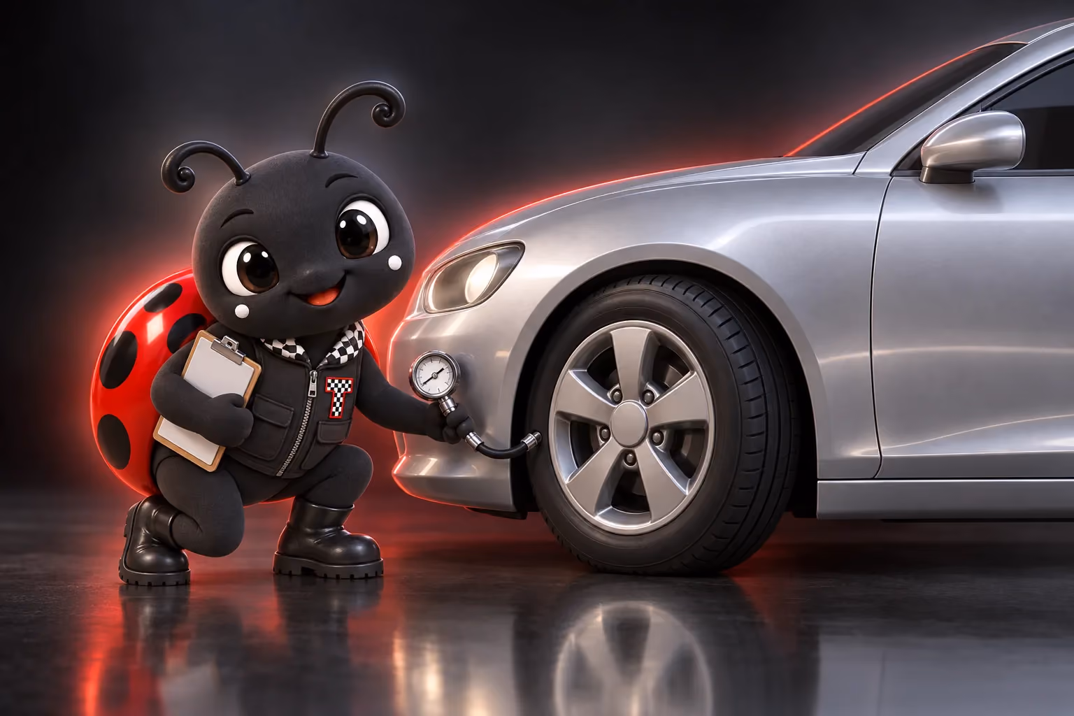 Tread, the GetCarAuctionSites ladybug inspector mascot, checking the tyre pressure of a silver sedan in a dark studio, the way a lot is inspected and photographed for a listing